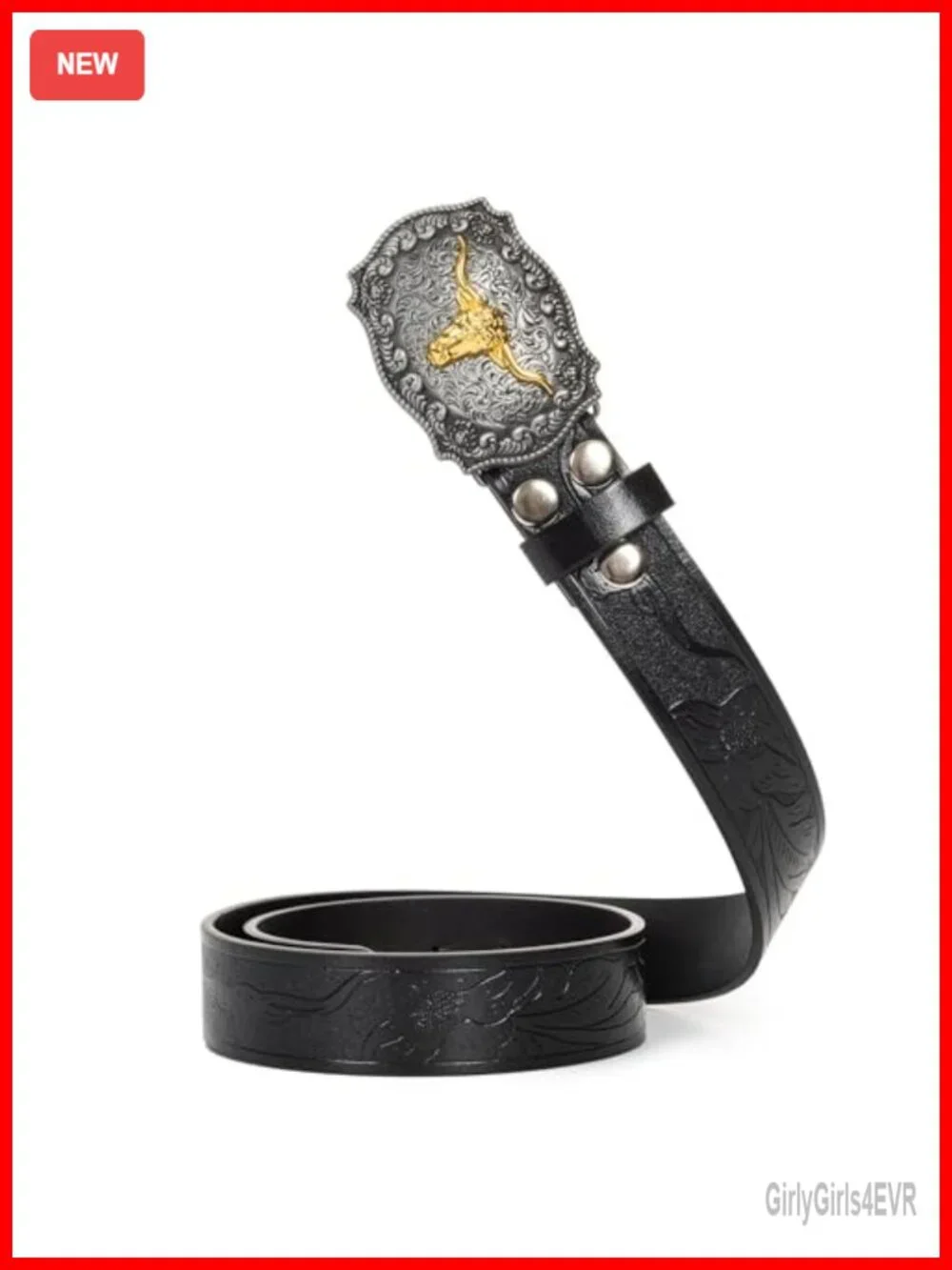 Western Cowboy Belt Faux Leather PU Floral Bull Buckle 1.5